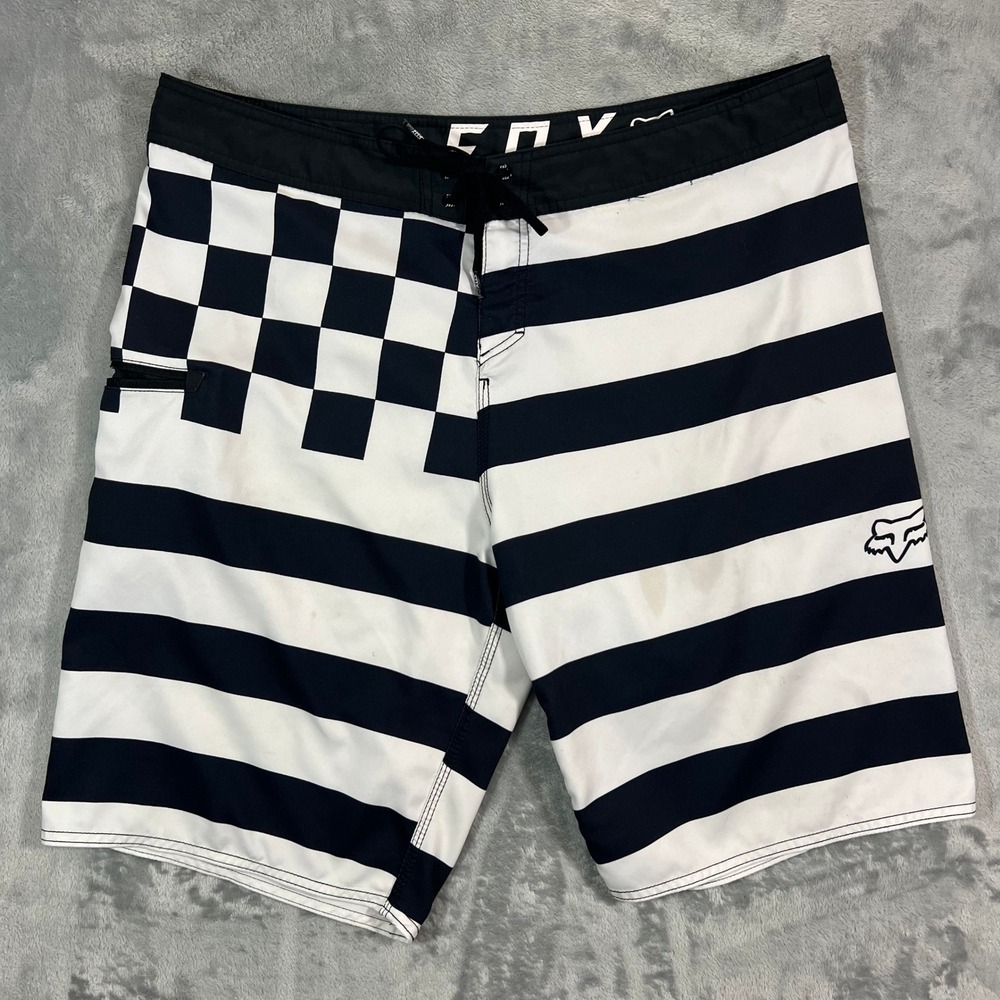 Fox Racing Board Shorts Mens 38 Black White Striped Checkerboard Surf Beach